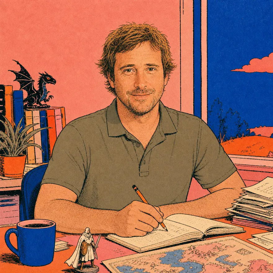 Flat Summer Pop illustration of me sitting upright at a writing desk with a coffee mug, fantasy figure, and hand-drawn map.