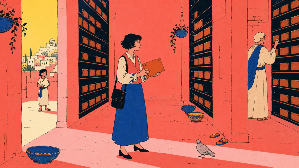 A dark-haired temple clerk holds a copper plate between archive racks while a child and an auditor stand in separate doorways