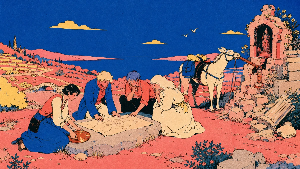 Four travelers examine a map and broken roadside shrine while a cream pack mule pulls at a copper hinge