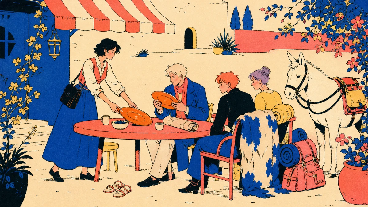A temple clerk and curly-haired cartographer examine a copper plate at a courtyard table with two companions and a pack mule nearby