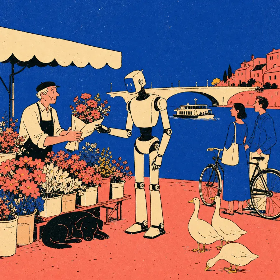 A tall robot buys a bouquet from a flower seller beside a river-city ferry landing