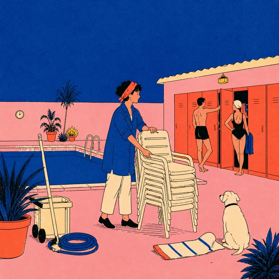 A woman stacks cream deck chairs beside a public pool while swimmers linger near coral lockers and a dog waits on a towel