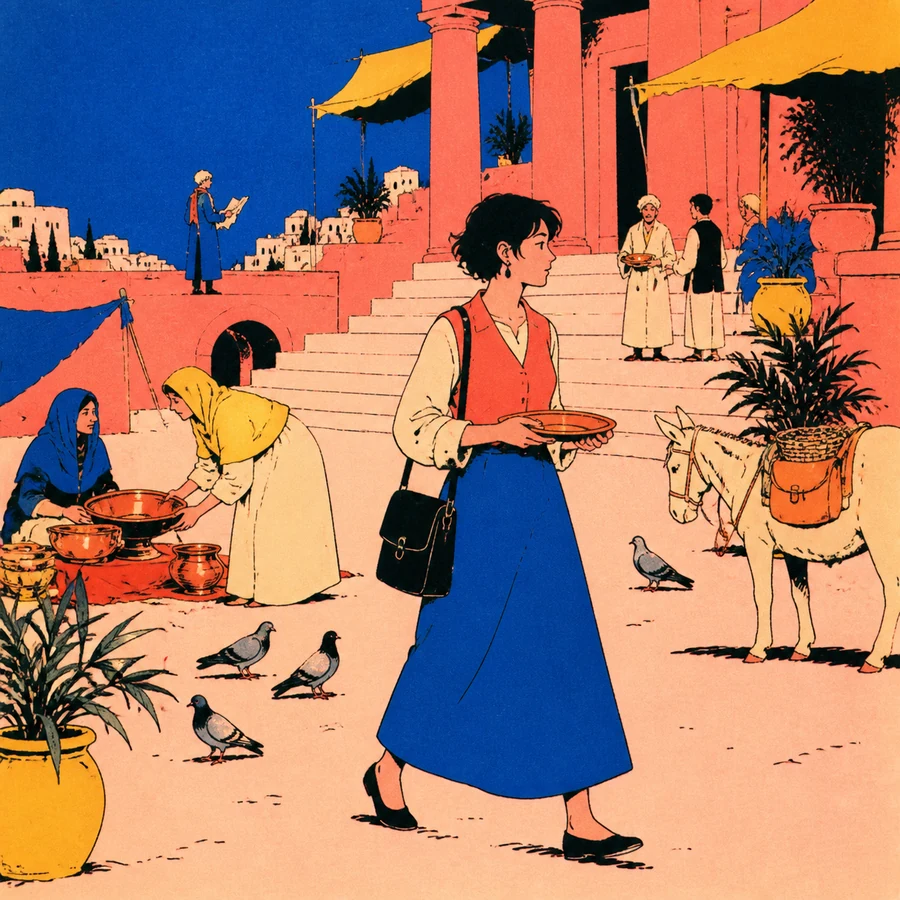 A dark-haired temple clerk carrying a copper plate walks with three travelers and a pack mule along a hill-city road