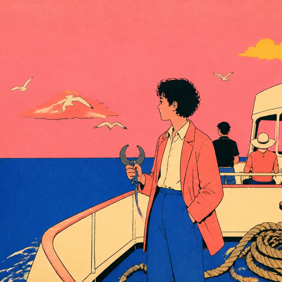 A dark-haired ferry clerk holds a cord-wrapped ticket punch aboard a cream ferry crossing a cobalt harbor