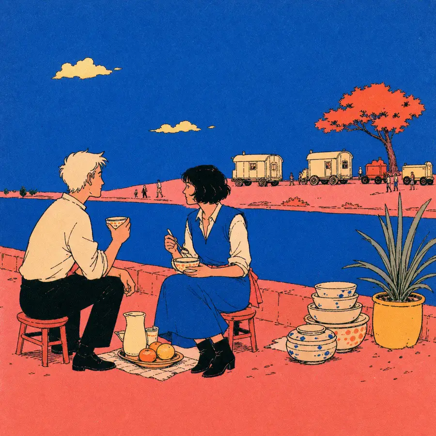 A dark-haired potter and companion eat beside stacked bowls as wheeled houses move along a riverbank