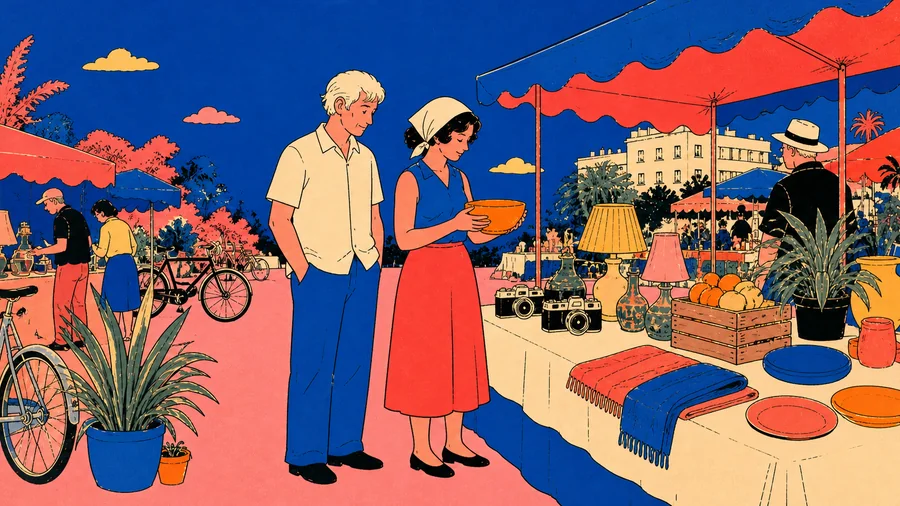 Two adult siblings pause beside an orange mixing bowl at an outdoor flea market with awnings, bicycles, and household goods
