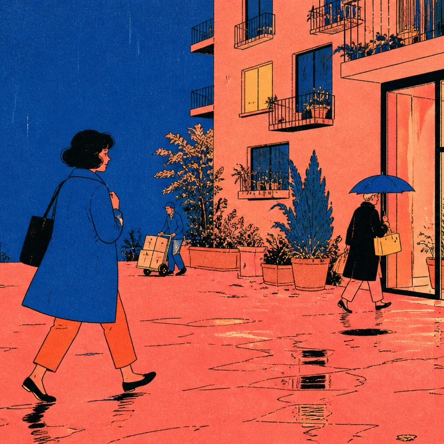 A woman in a cobalt coat crosses a coral apartment courtyard toward a lobby containing a wedding cake