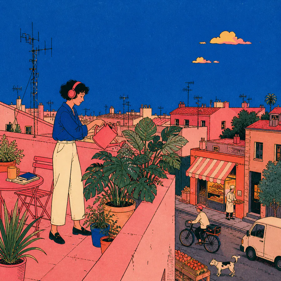 A woman in headphones waters rooftop plants above a street with cyclists and shop workers