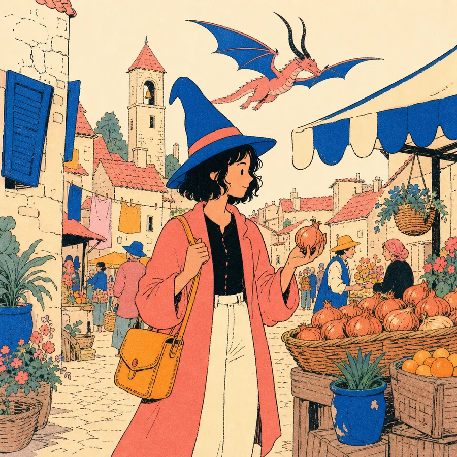 Tamsin, a dark-haired wizard in a tall blue hat and coral robe, walks through a fantasy market beneath a bell tower and flying dragon