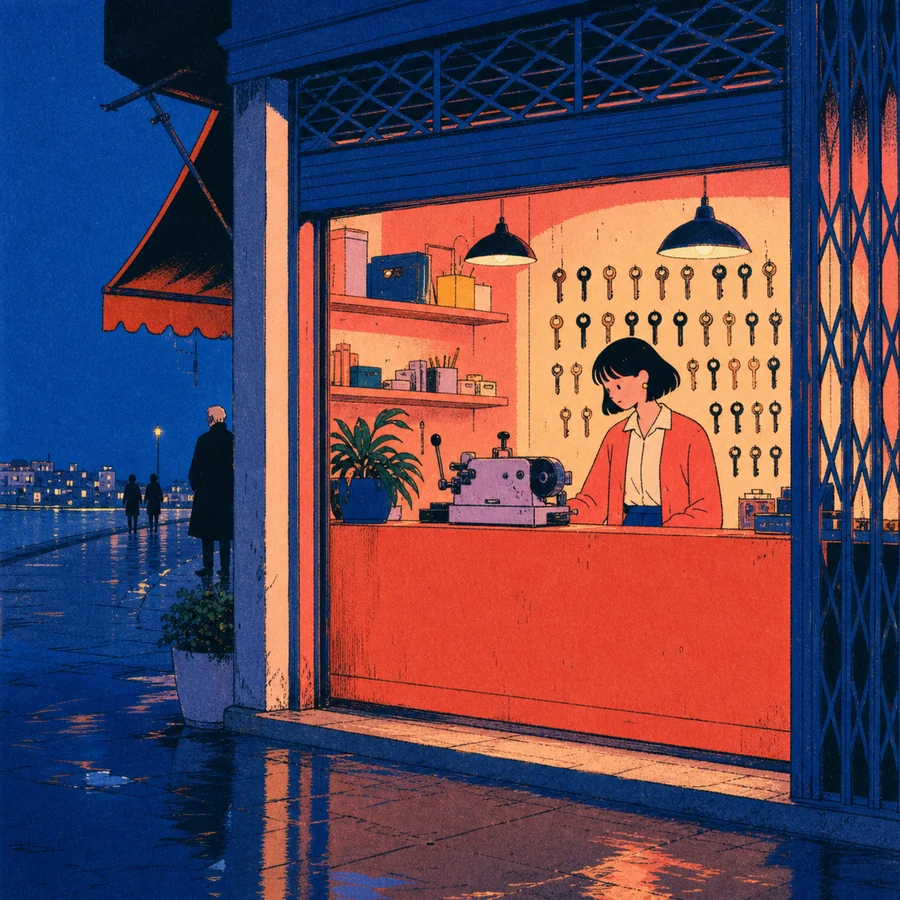 A dark-haired locksmith works inside a coral key shop while an older man waits outside on a rainy blue street