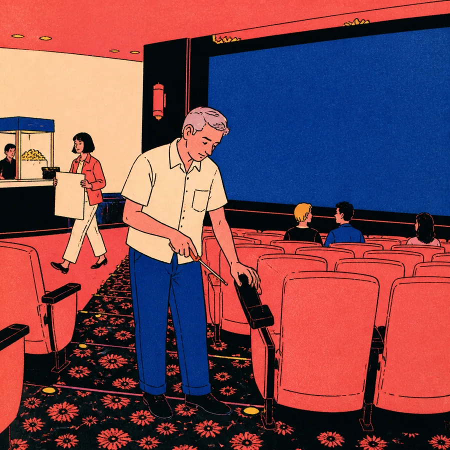 A gray-templed cinema worker checks a coral theater seat while a young volunteer and patrons move through an old auditorium