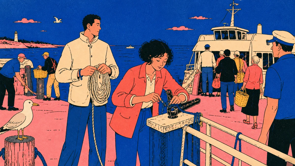 A dark-haired ferry clerk ties blue cord around an iron punch while her brother carries rope beside waiting ferry passengers