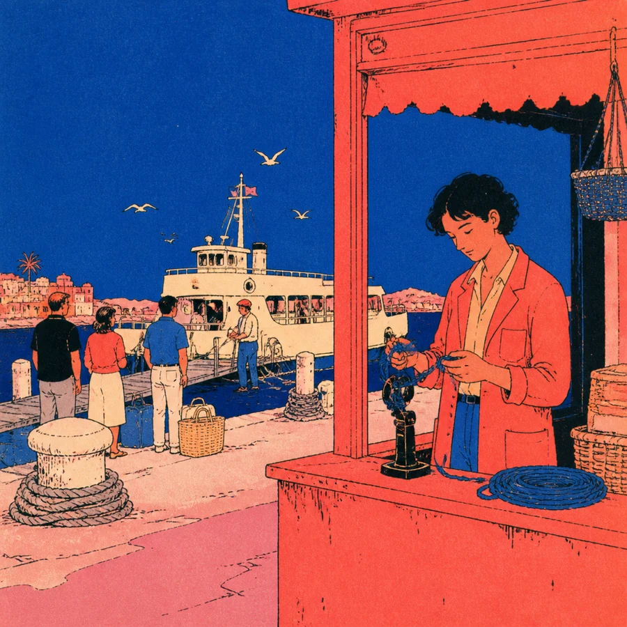 A dark-haired ferry clerk wraps blue cord around a ticket punch inside a harbor kiosk while passengers wait beside a cream ferry