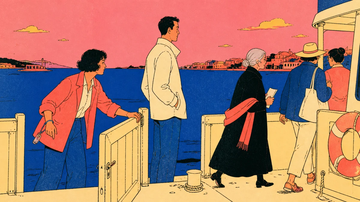 A dark-haired ferry clerk opens a harbor gate as an older registrar and passengers board a cream ferry