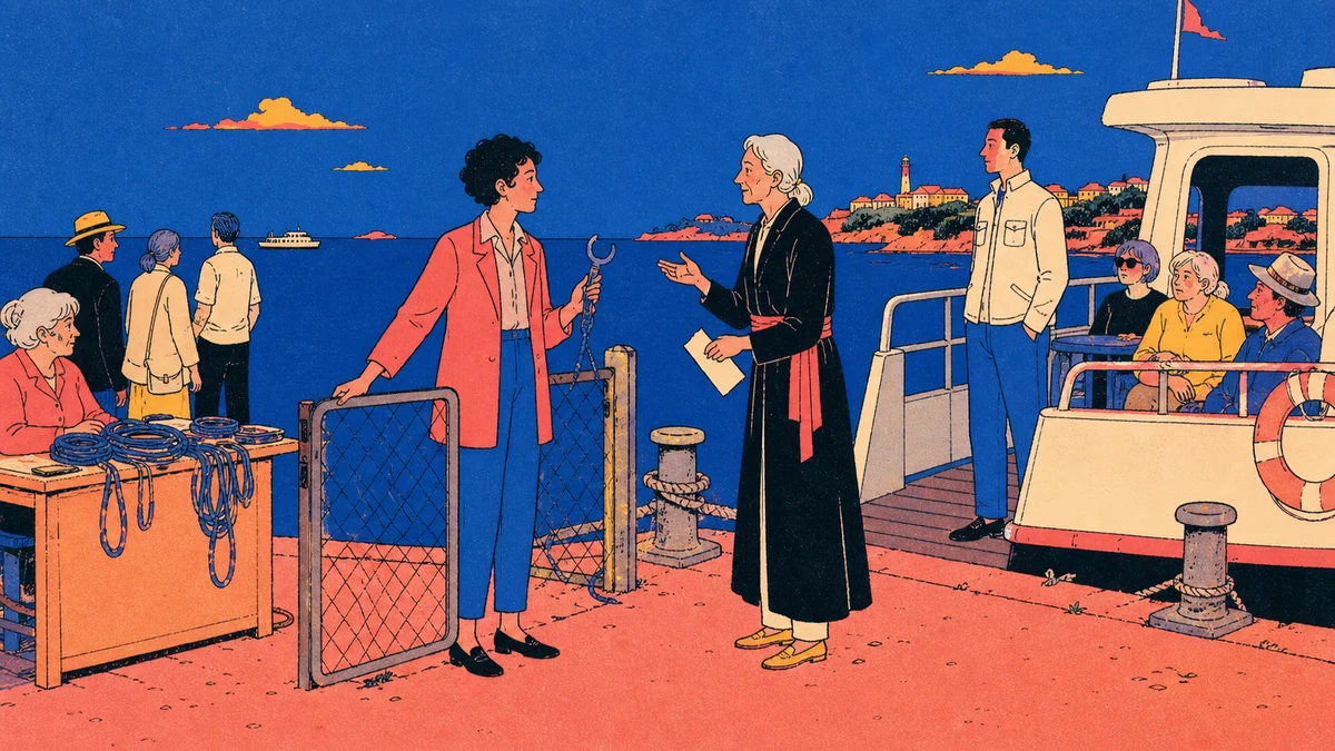 A ferry clerk holding a cord-wrapped punch speaks with an older temple registrar at a harbor gate while passengers wait nearby