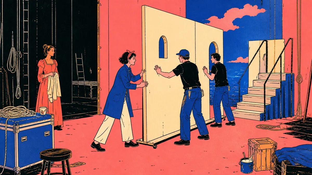 Three theater workers move a cream scenery wall across a stage beside a rolling staircase and painted backdrops