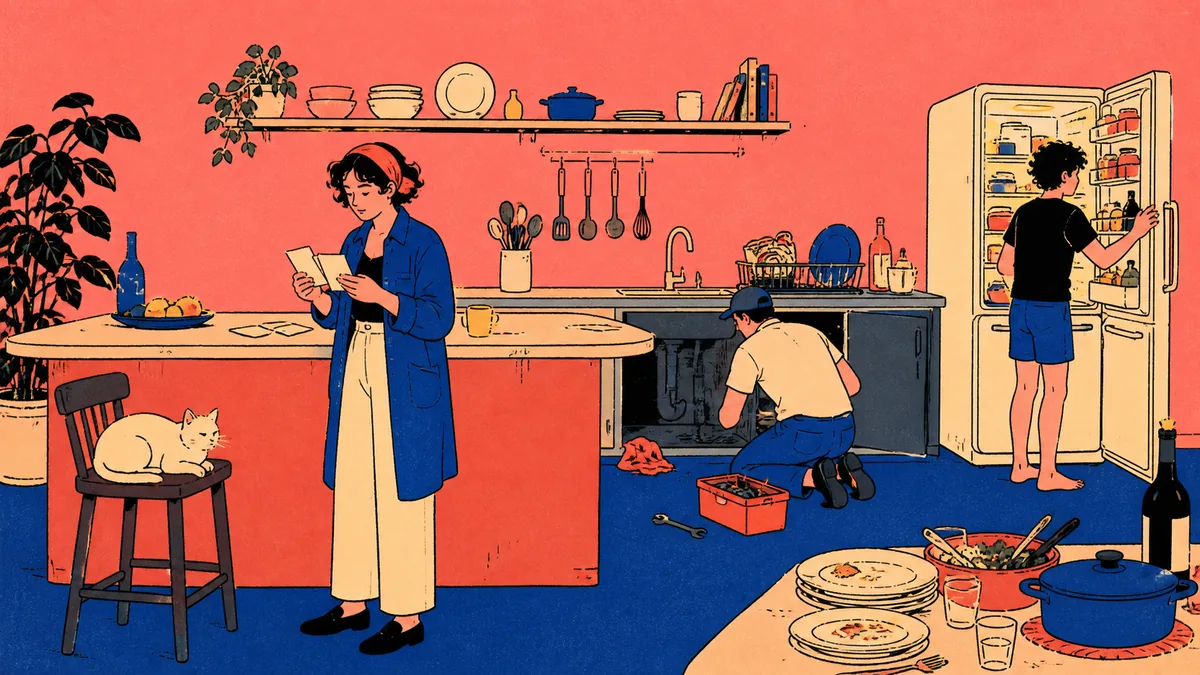 A woman reviews index cards in a busy kitchen while a teenager opens the refrigerator and a plumber works beneath the sink