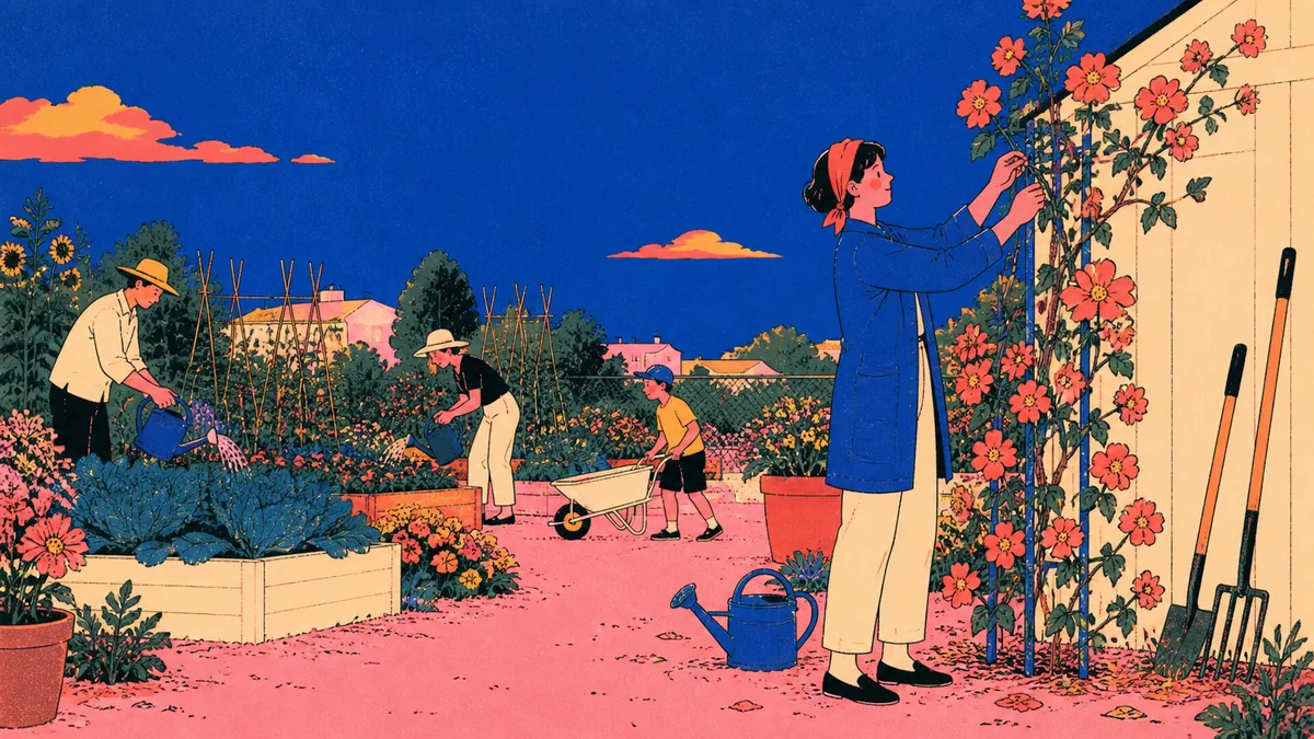 A woman ties a flowering vine to a trellis while neighbors tend a community garden at dusk