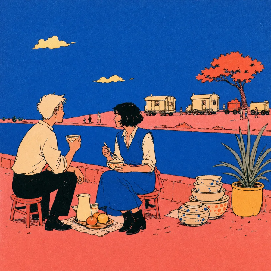 A dark-haired potter and companion eat beside stacked bowls as wheeled houses move along a riverbank