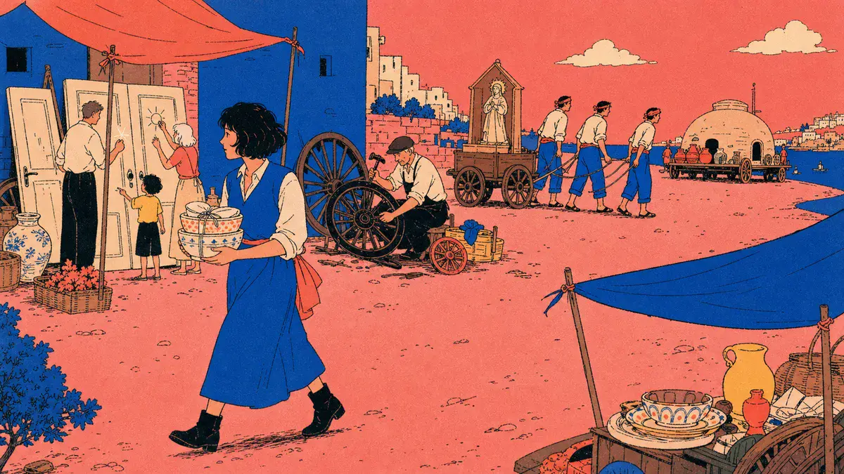 A dark-haired potter walks through a market while workers move door panels, repair wagon wheels, and pull a saint wagon