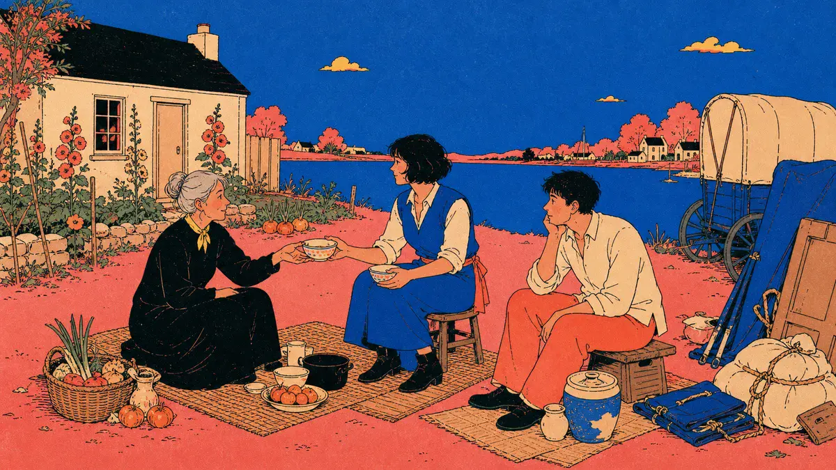 Four adults share a riverside meal between traveling wagons and a small fixed house with plants