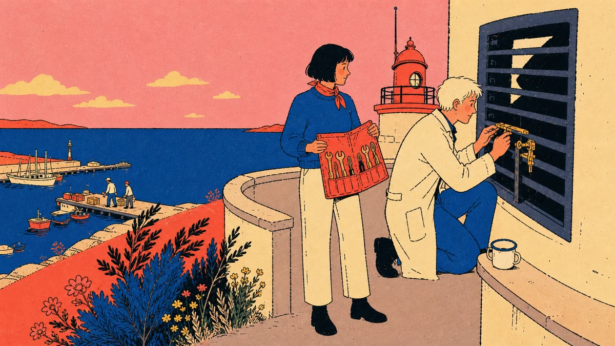 A dark-haired signal keeper holds a tool roll while a pale-haired mechanic repairs a shutter on a seaside tower gallery