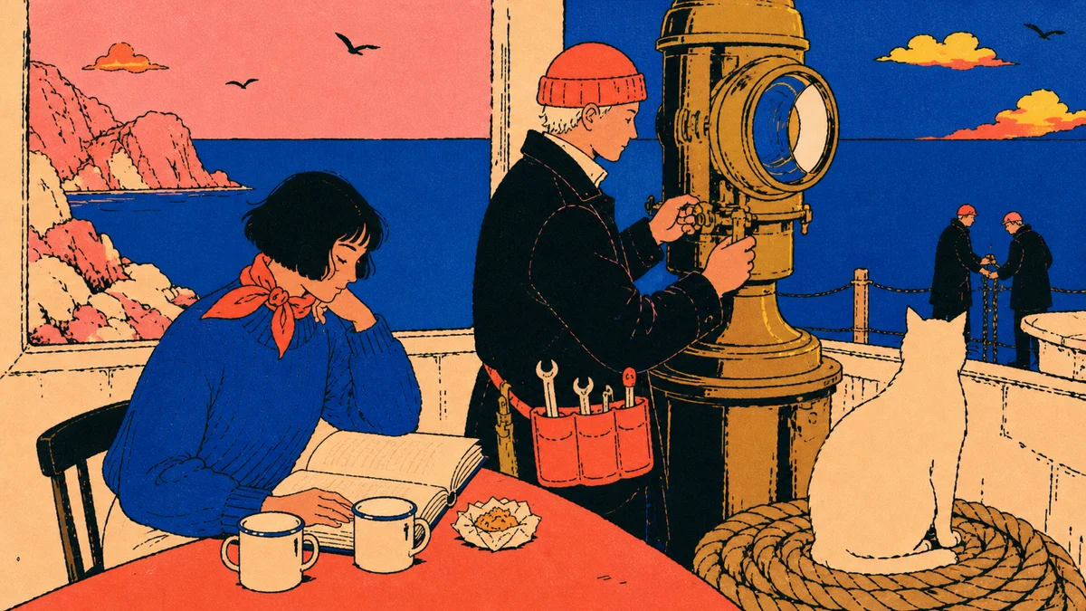 A dark-haired signal keeper writes beside two cups while a mechanic in a red cap adjusts a brass lamp gear