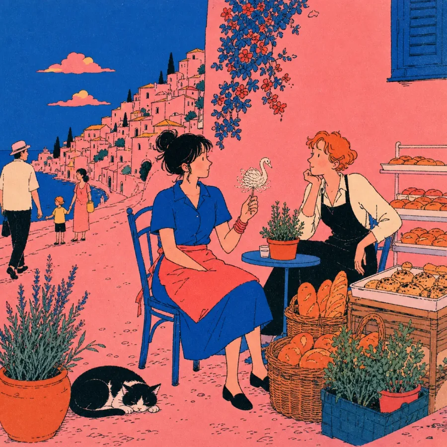 Two bakers rest outside a hill-town bakery while an alley cat sleeps beside delivery baskets