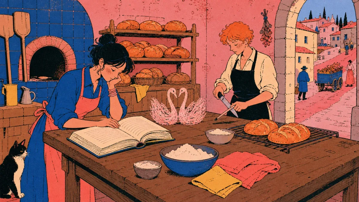 Nessa studies an order book while her sister sharpens a knife across a bakery worktable