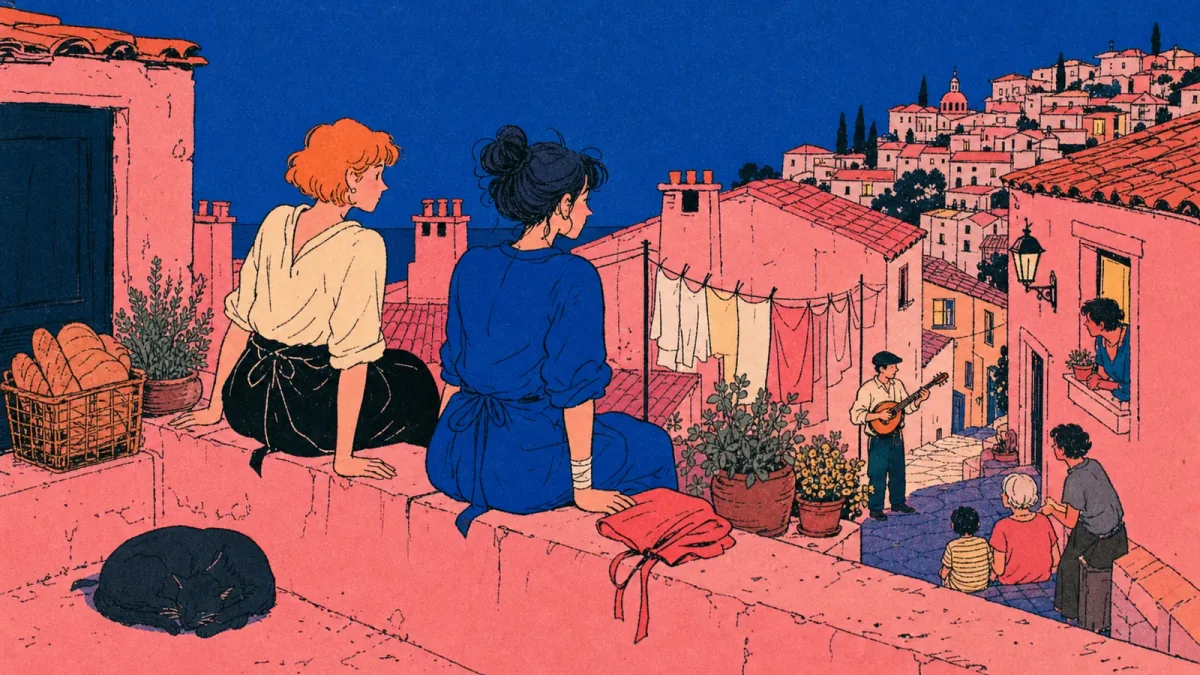 Two bakers sit on a rooftop listening to a street musician in the hill town below