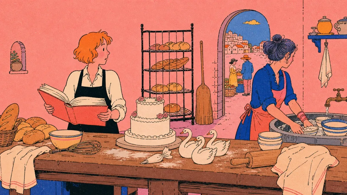 One baker holds open an order book while the other turns toward a wash basin beside an unfinished wedding cake
