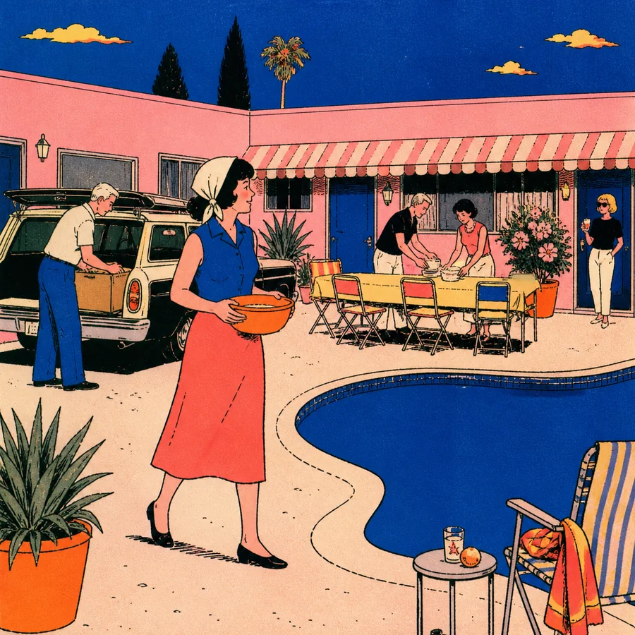 A dark-haired woman carries an orange mixing bowl through a motel courtyard while relatives clear an outdoor table beside a pool
