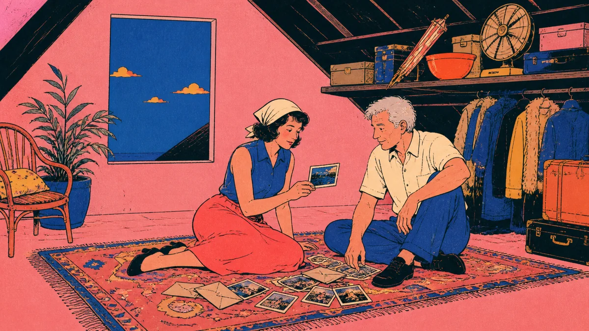Two adult siblings sort old photographs on an attic rug while an orange mixing bowl sits on a shelf among boxes and coats