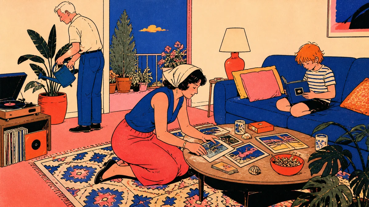 A woman groups photographs and postcards around a low table while a man waters a plant and a child looks through an album