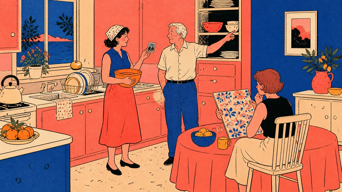 Three adults compare a faded photograph in a kitchen while orange and red mixing bowls sit in different parts of the room