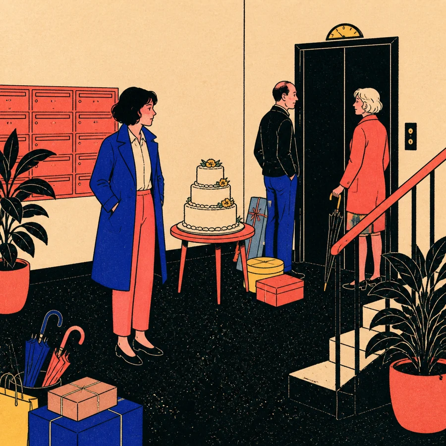 A dark-haired woman in a cobalt coat stands beside a three-tier wedding cake in a mid-century apartment lobby