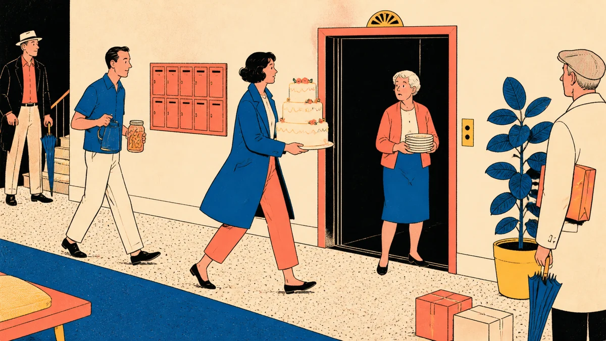 A woman carries a wedding cake toward an elevator as two neighbors arrive with paper plates, a coffee pot, and a jar of pickles