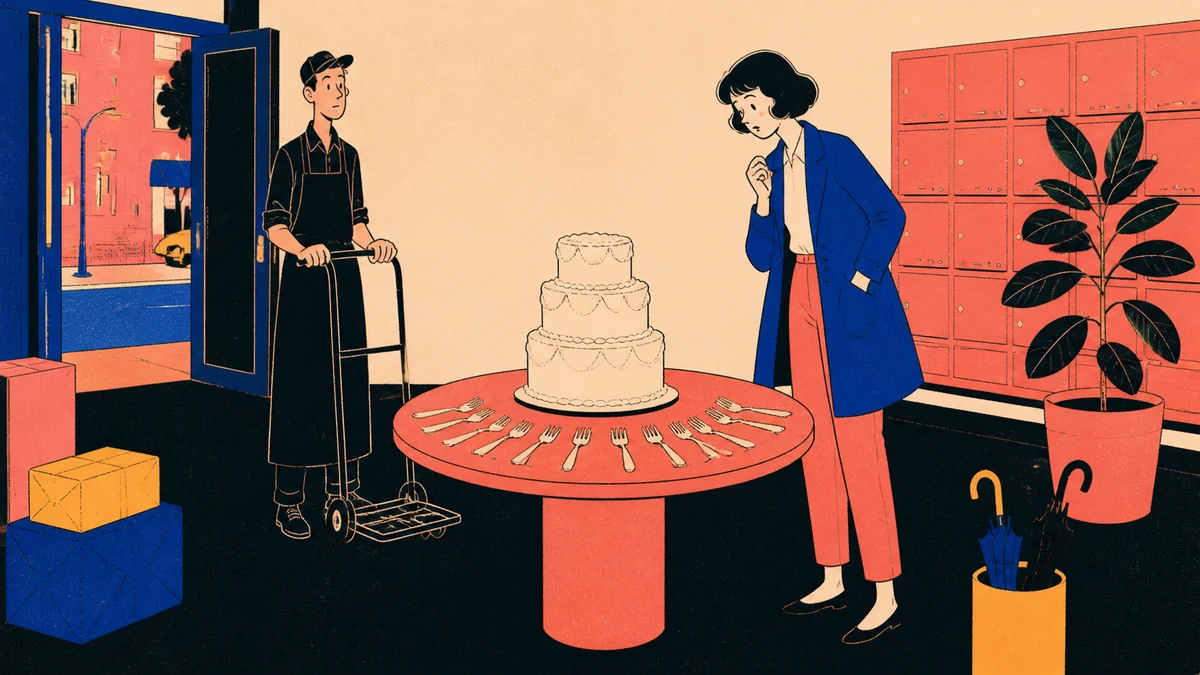 A dark-haired woman examines a wedding cake and a row of forks while a delivery driver waits with a handcart in an apartment lobby