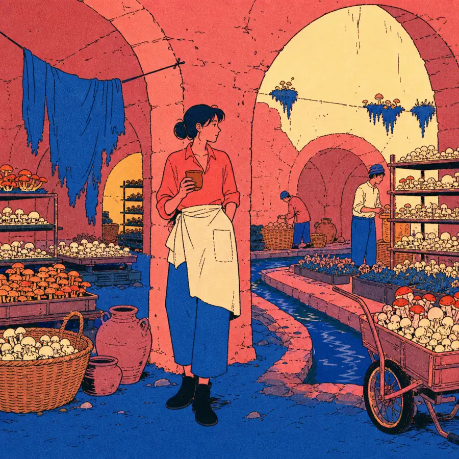 Sori holds a clay cup among mushroom trays and other growers beneath the desert city