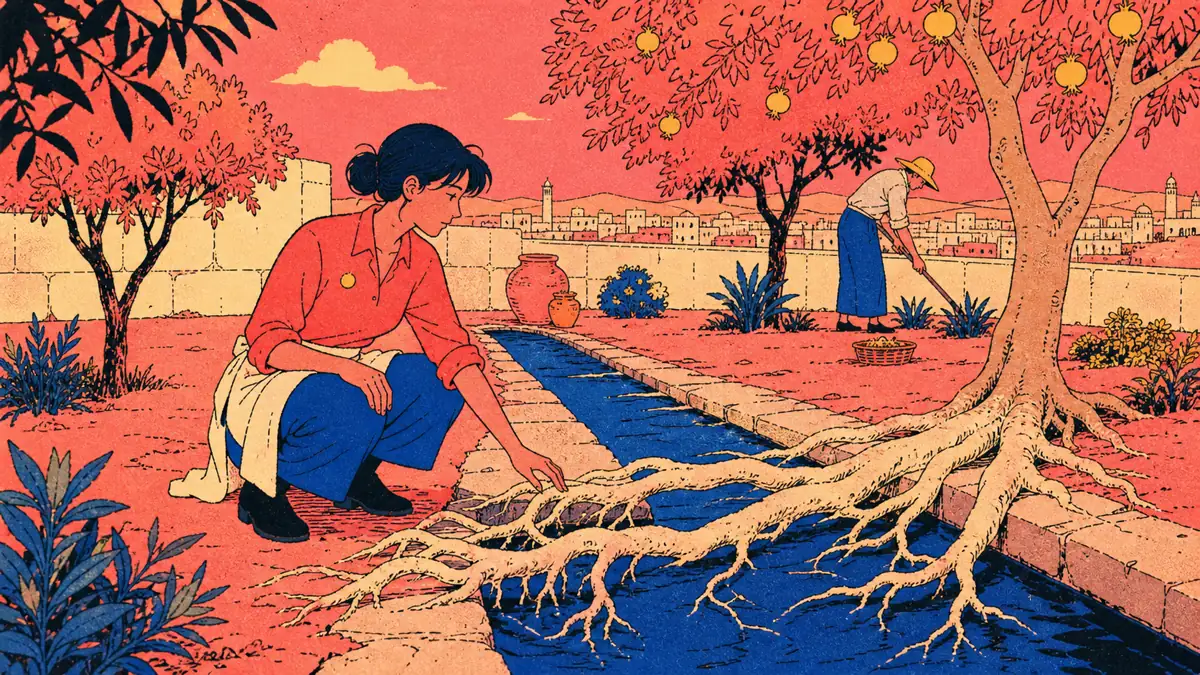 Sori examines exposed tree roots crossing an old water channel in the palace orchard