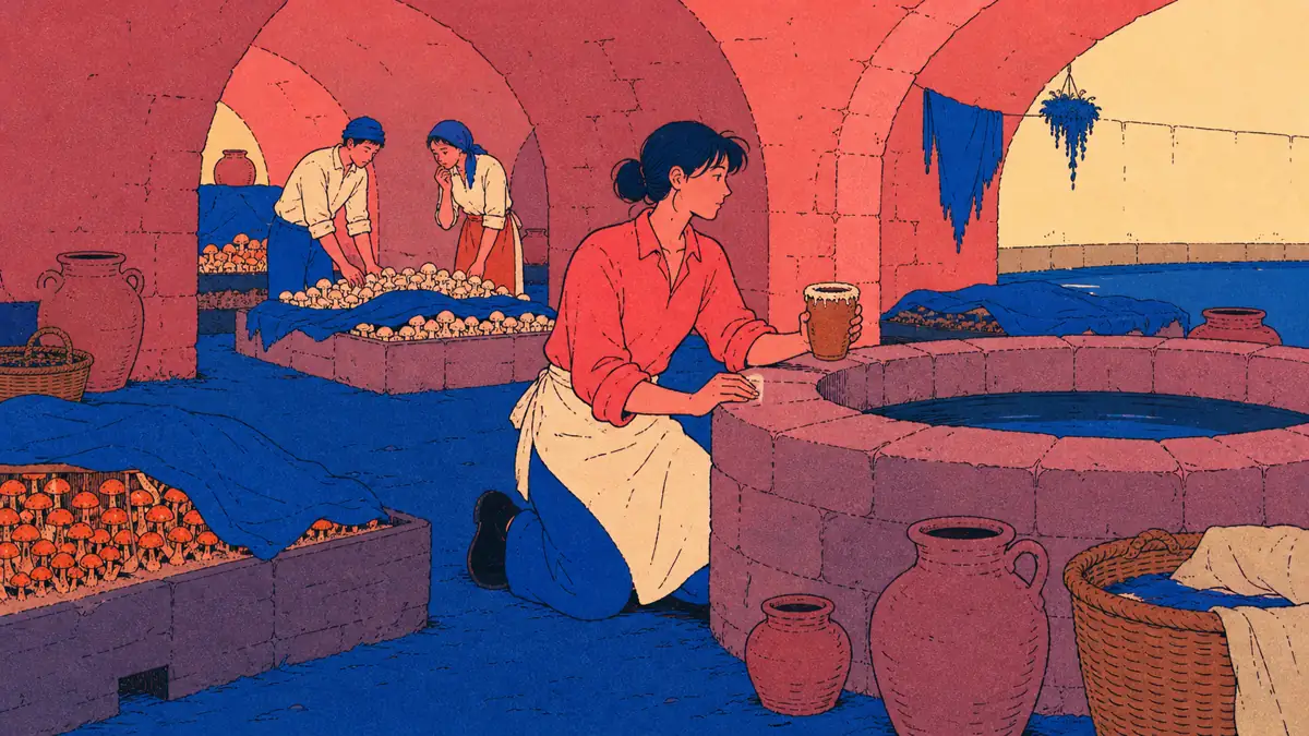 Sori examines a salt-crusted cup beside the communal well while other growers tend mushroom beds