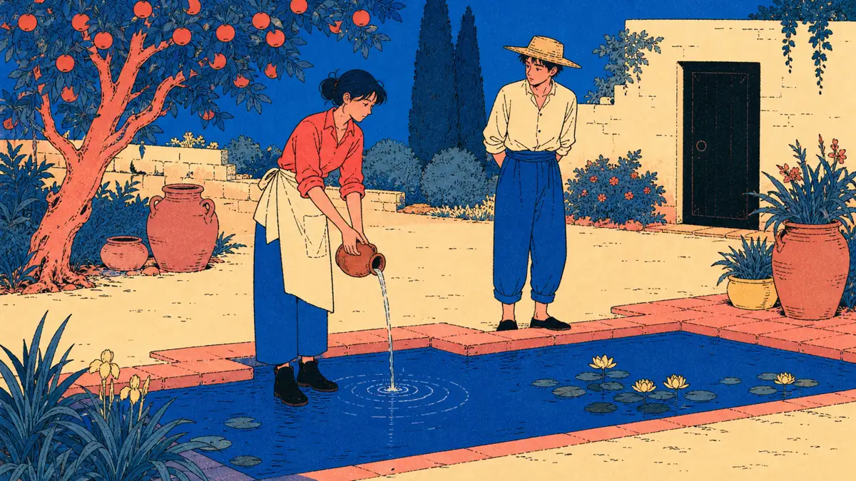 Sori pours salty water into an ornamental pool while a palace gardener watches near a closed door