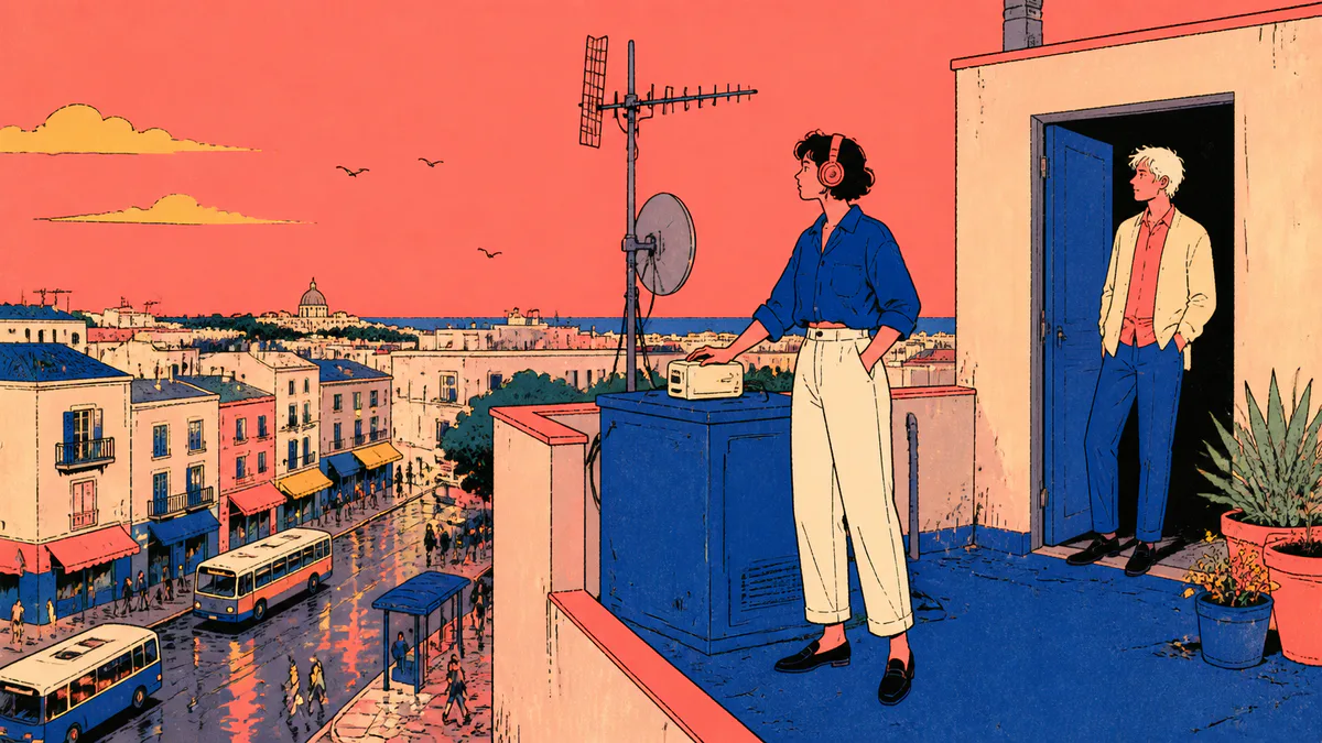 A woman in headphones rests a hand on a small drive on a radio-station roof while a man waits by the open door at dawn