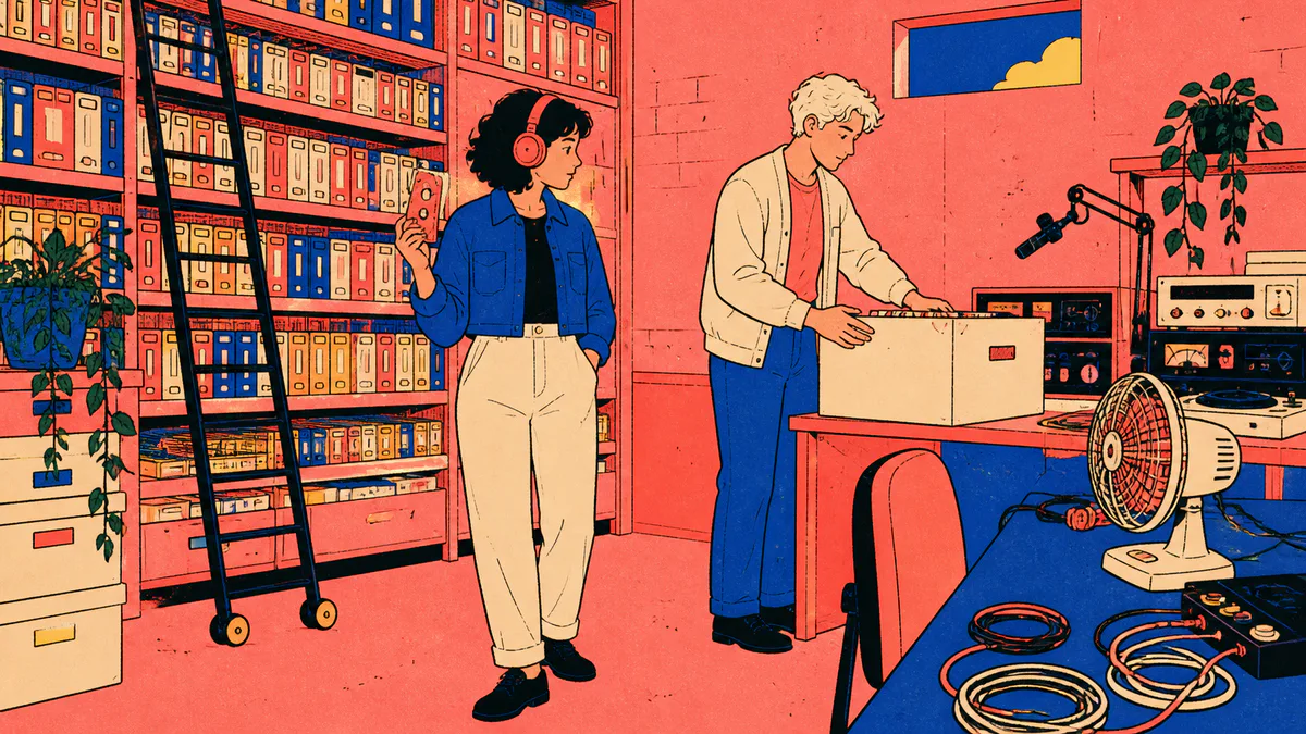 Two adults examine a coral cassette in a narrow archive room lined with tapes and old radio equipment