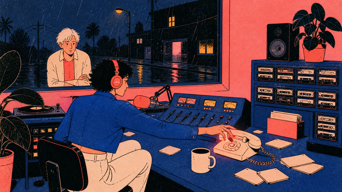A radio host in coral headphones reaches toward a cream telephone while a producer watches through studio glass