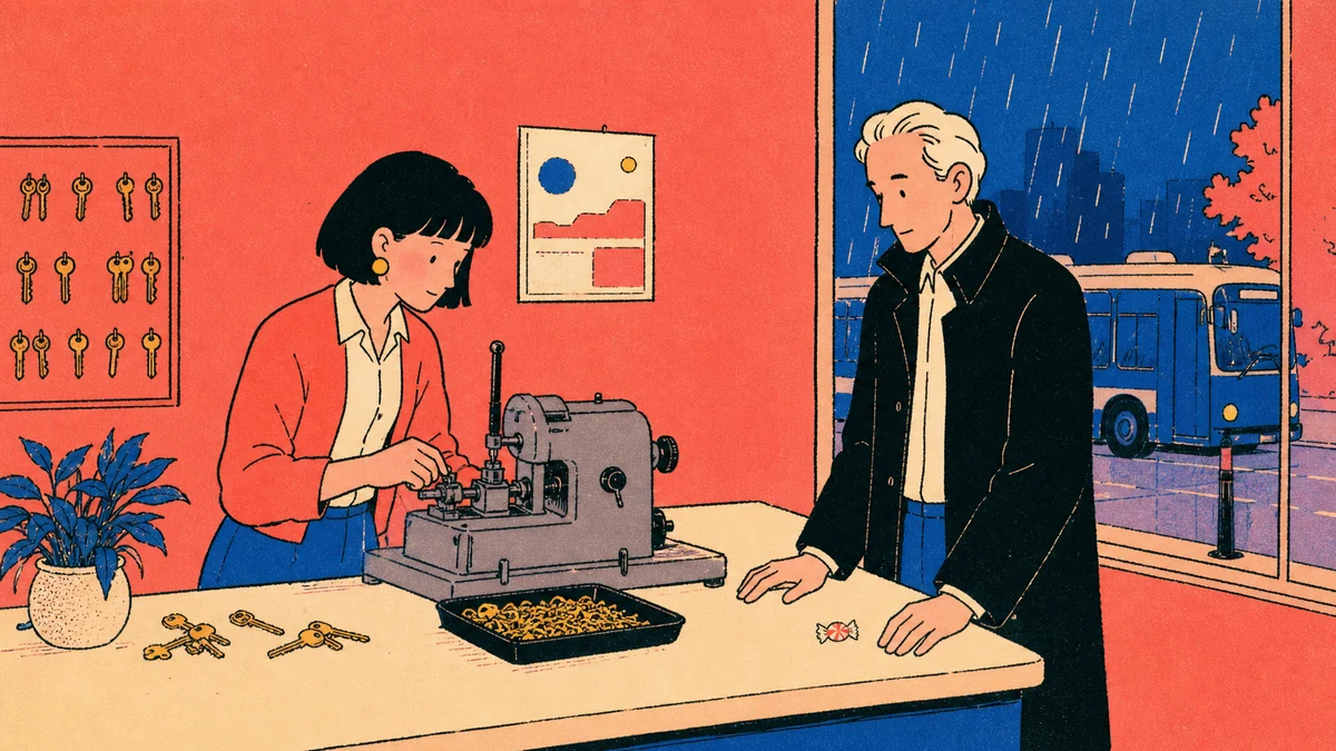 A dark-haired locksmith operates an old key cutter while a gray-haired man watches and a city bus waits outside in the rain
