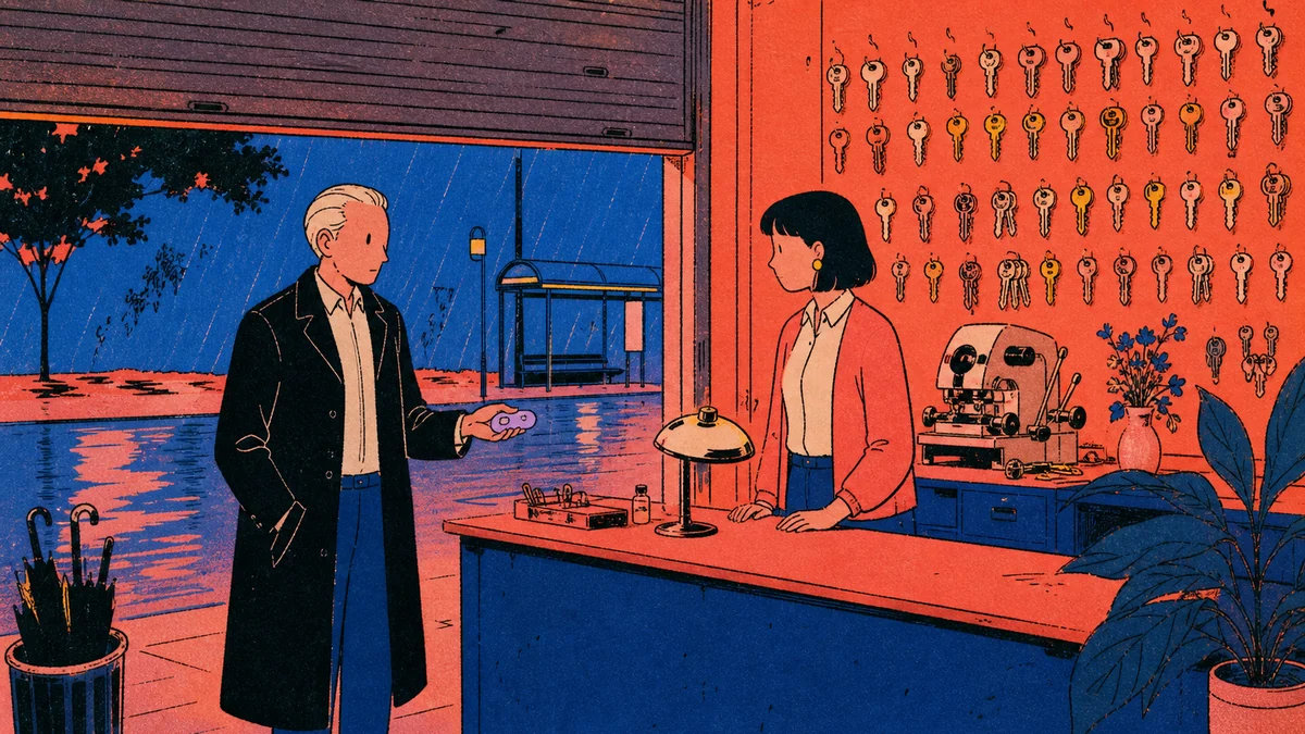 A gray-haired man in a dark raincoat holds out a lavender soap impression to a dark-haired locksmith behind a coral counter