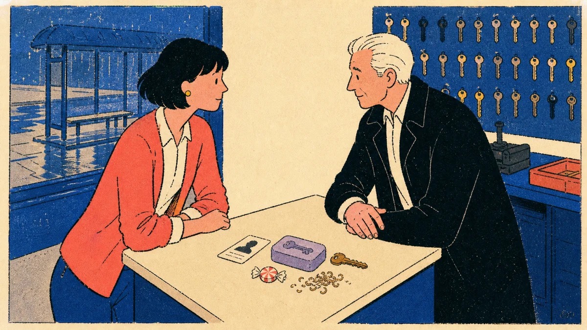A locksmith and an older man face each other across a counter holding an expired license, lavender soap, peppermint, brass key, and curled filings