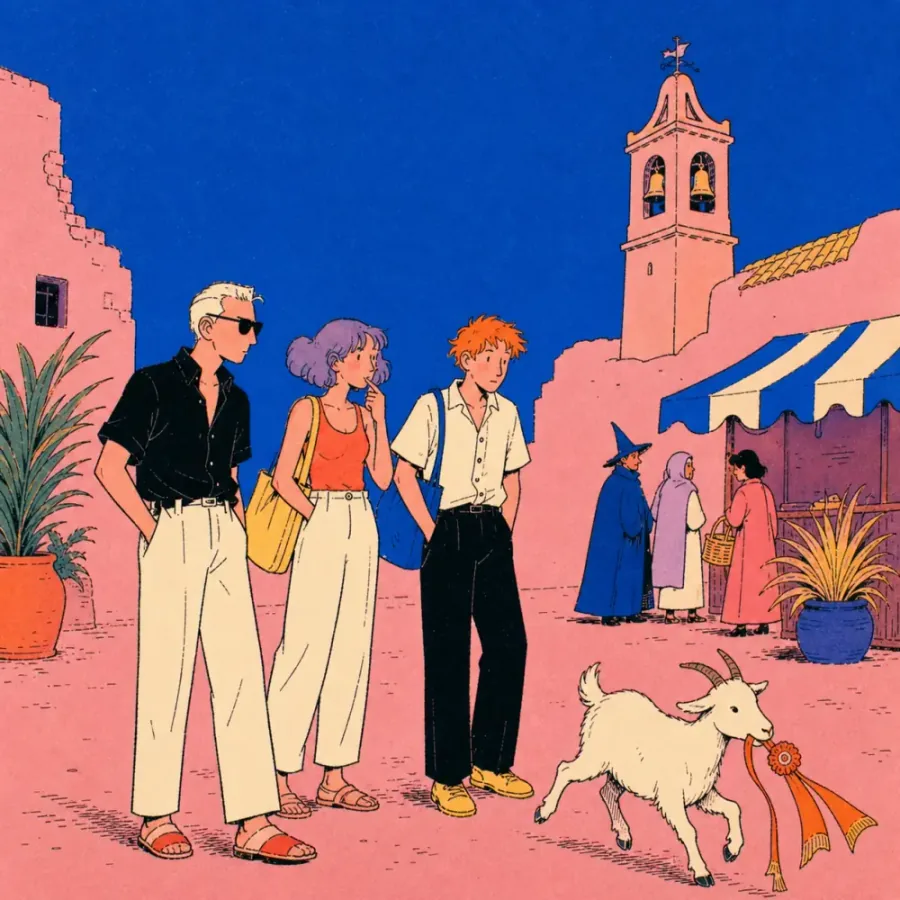Three fantasy characters watch a goat carry a ribbon through a colorful market below a bell tower