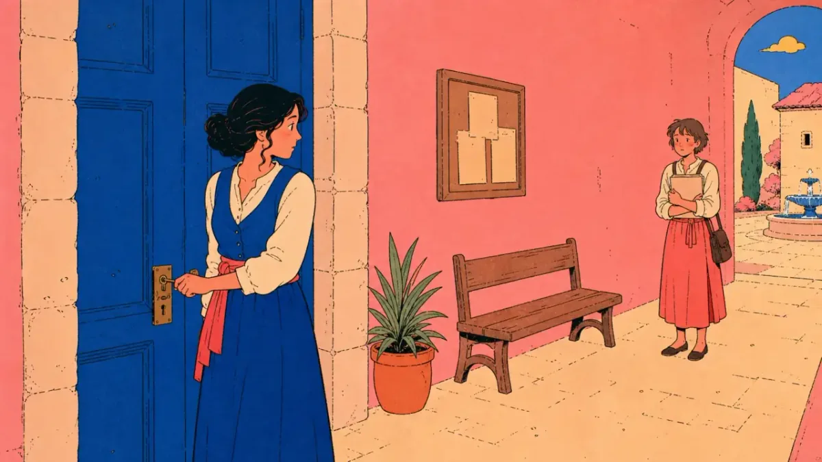 Mara hesitates with a key in the archive door while the witness returns holding a document